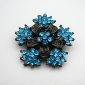 Vintage Antique Bronze Floral Brooch Aquamarine Blue Rhinestone Cluster Pin 1.5"